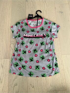 Minecraft Girls' Grey Short-Sleeve Pajama Top with Pink Trim
